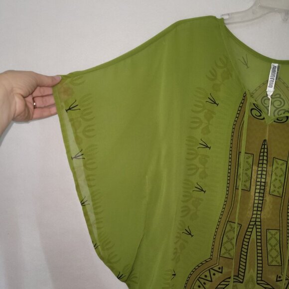 Monoreno Top Womens L Green Sheer Navajo‎ Print Tunic Cover Up Angel Sleeve New - Picture 3 of 11